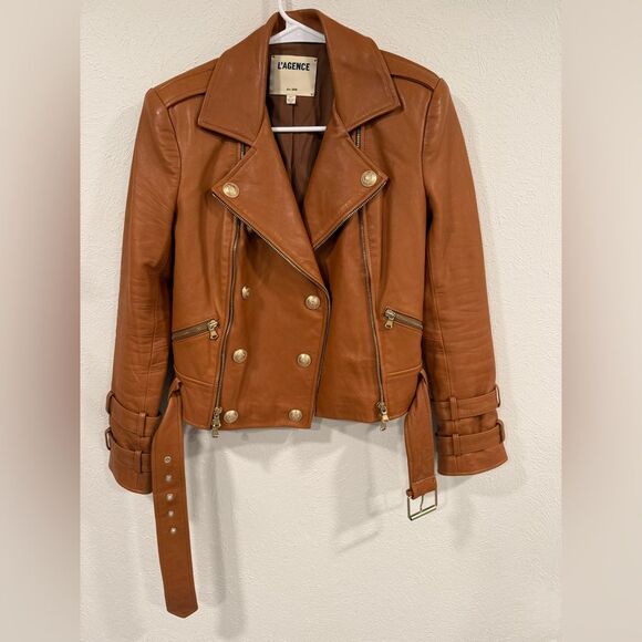 L’AGENCE Billie Cognac Leather Belted Moto Jacket Size XS EUC - Picture 8 of 11